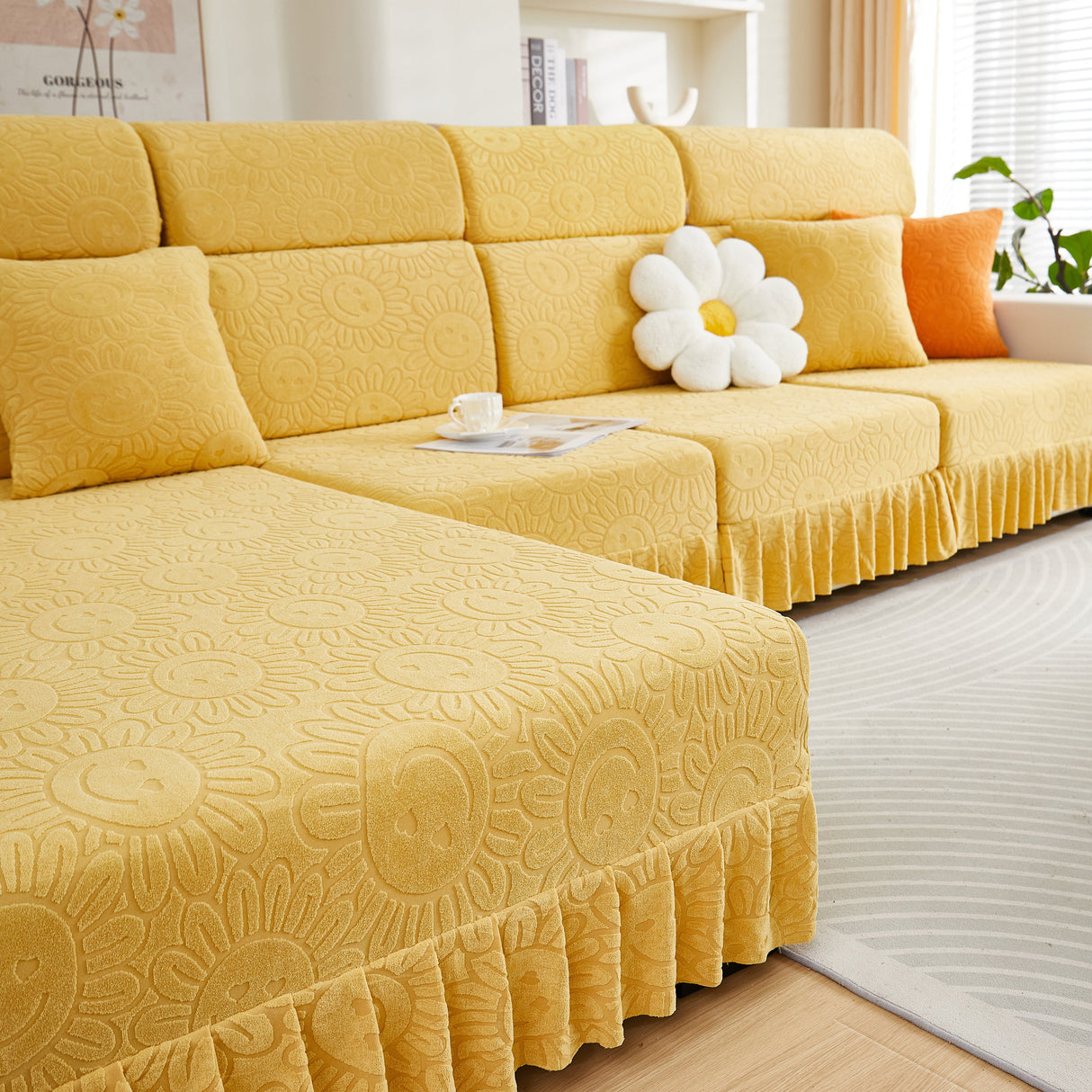 Sofa Seat Cover, Sunflower Patterned Elastic Skirted Couch Cushion Covers for 1/2/3/4-Seater Sofas