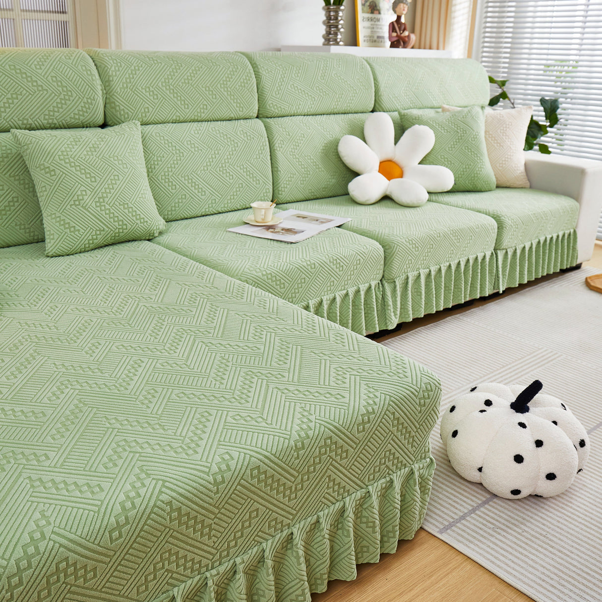 Stretchable Chaise Lounge Sofa Covers and Couch Seat Covers with Skirt for Sectional Couches
