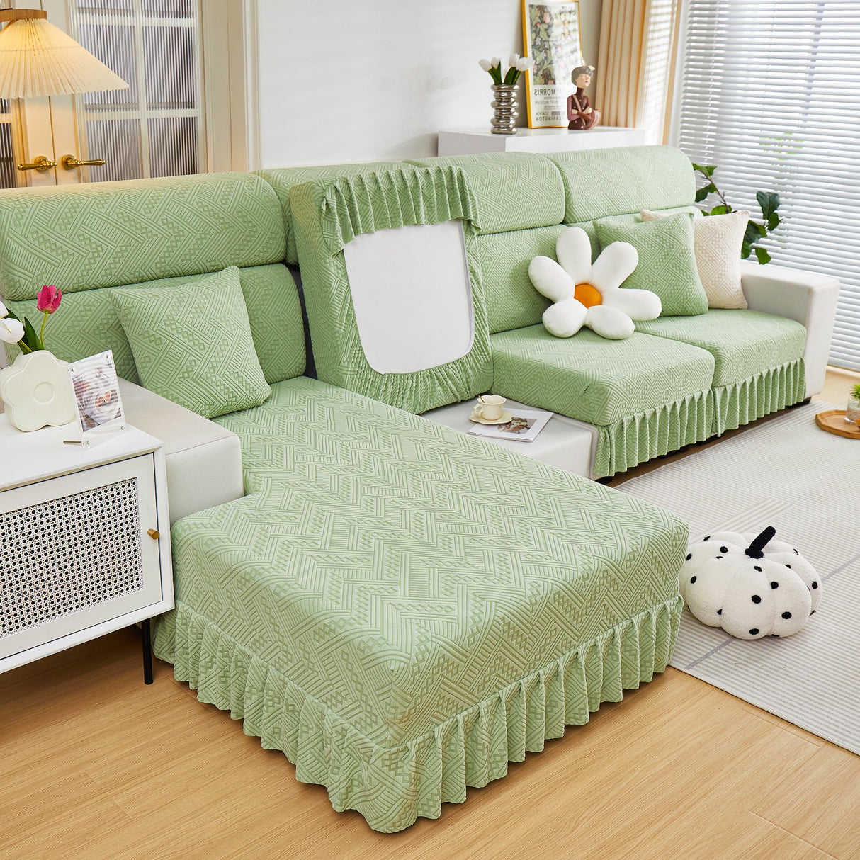 Stretchable Chaise Lounge Sofa Covers and Couch Seat Covers with Skirt for Sectional Couches