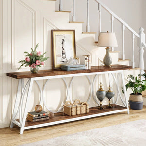 Industrial 70-inch Brown Wood Top Sofa Table with Heavy Duty White Metal Frame