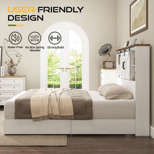 Queen White Farmhouse Platform Bed with Bookcase Headboard and Storage Drawers