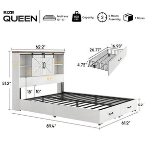 Queen White Farmhouse Platform Bed with Bookcase Headboard and Storage Drawers