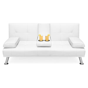 White Faux Leather Convertible Sofa Futon with 2 Cup Holders