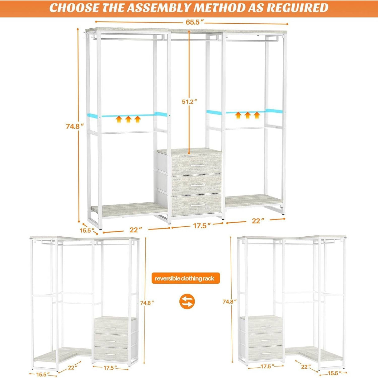 Heavy Duty White Metal Freestanding Garment Rack Closet Wardrobe with 3 Drawers