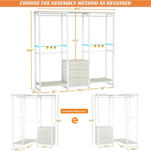 Heavy Duty White Metal Freestanding Garment Rack Closet Wardrobe with 3 Drawers