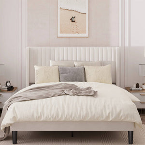 Queen size White Velvet Upholstered Platform Bed Frame with Wingback Headboard