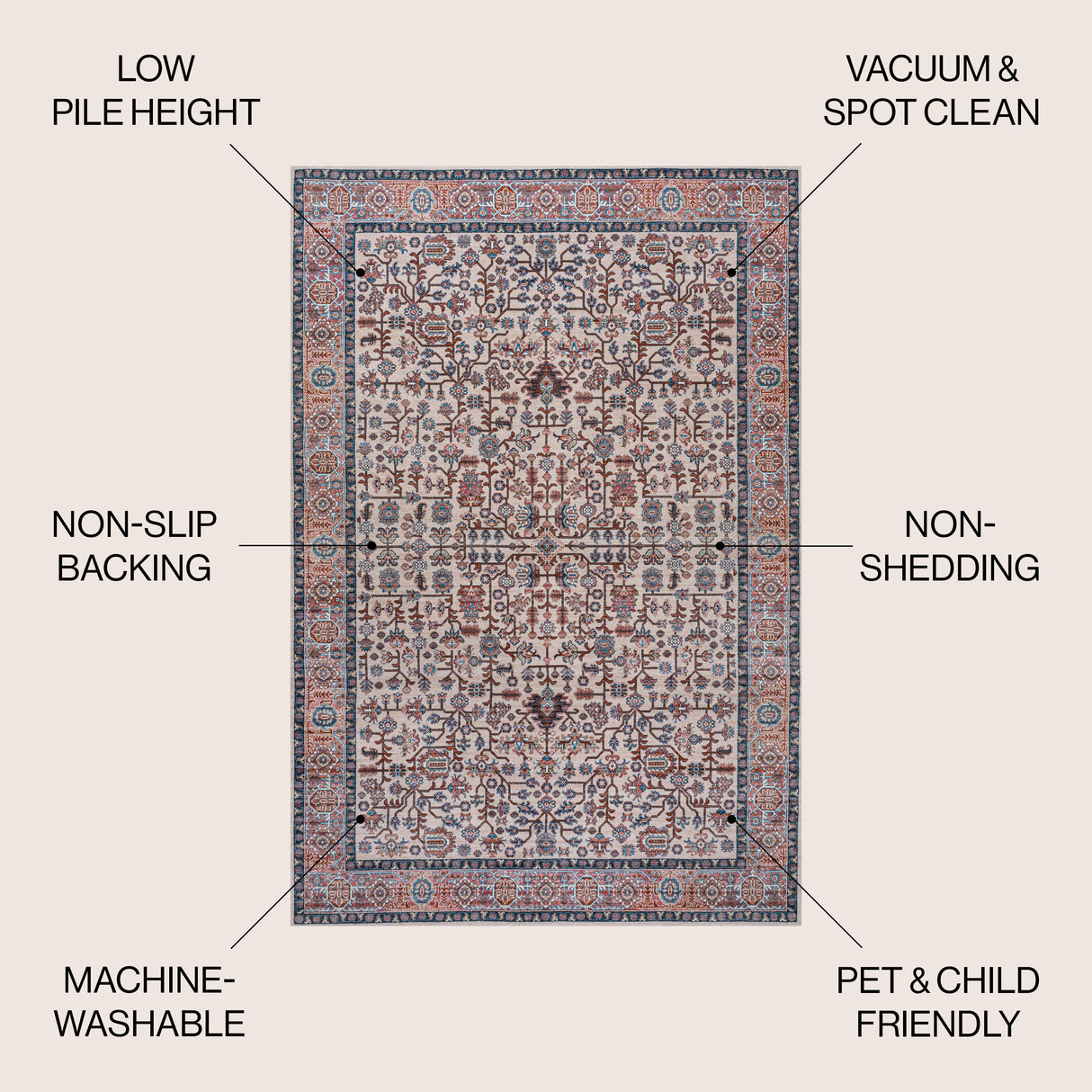 Kemer All-Over Persian Machine-Washable Area Rug