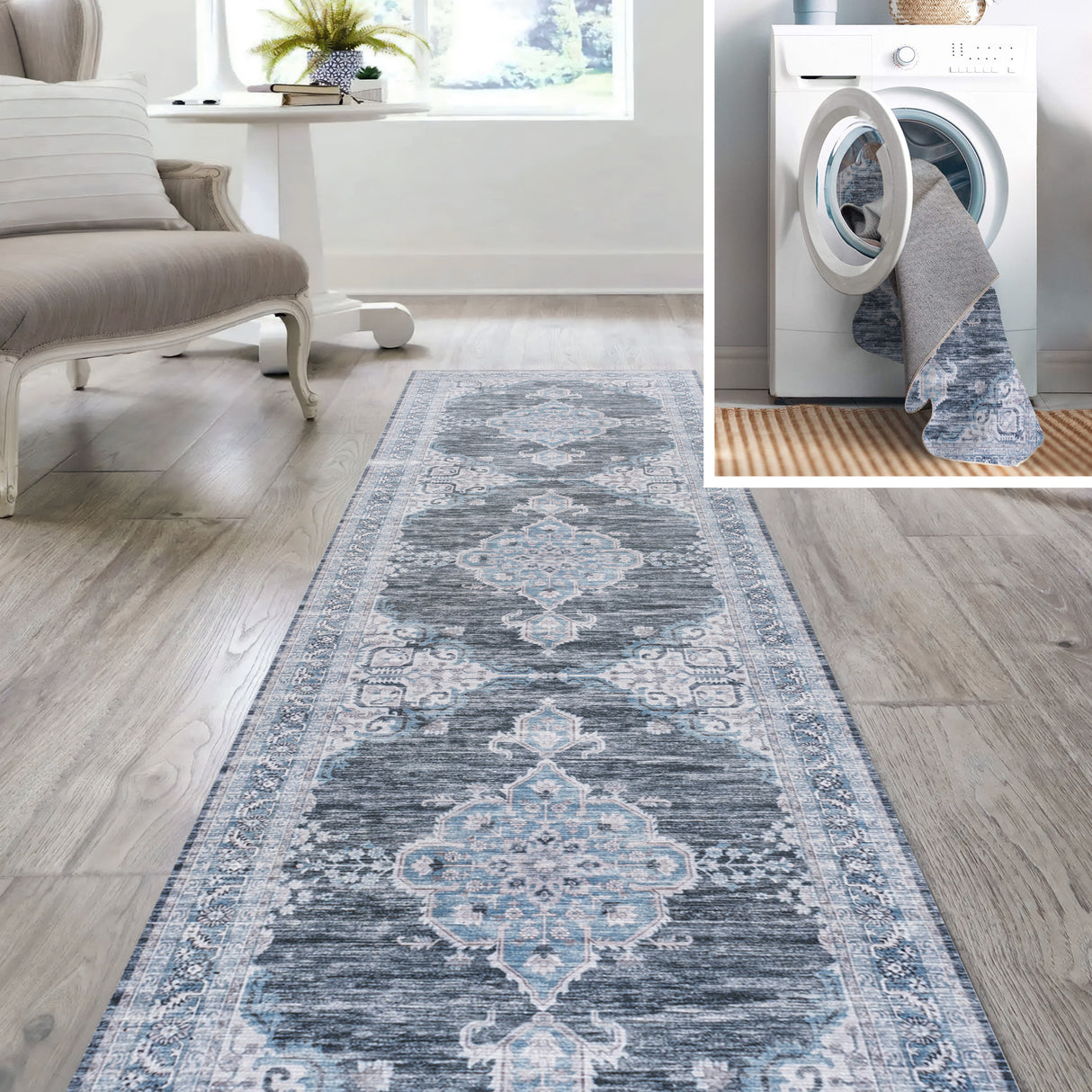 Wincer Chenille Cottage Medallion Machine-Washable Runner Rug