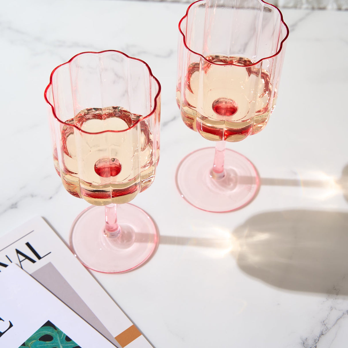 Flower Stemmed Wine Glassware, Pink, Set of 2