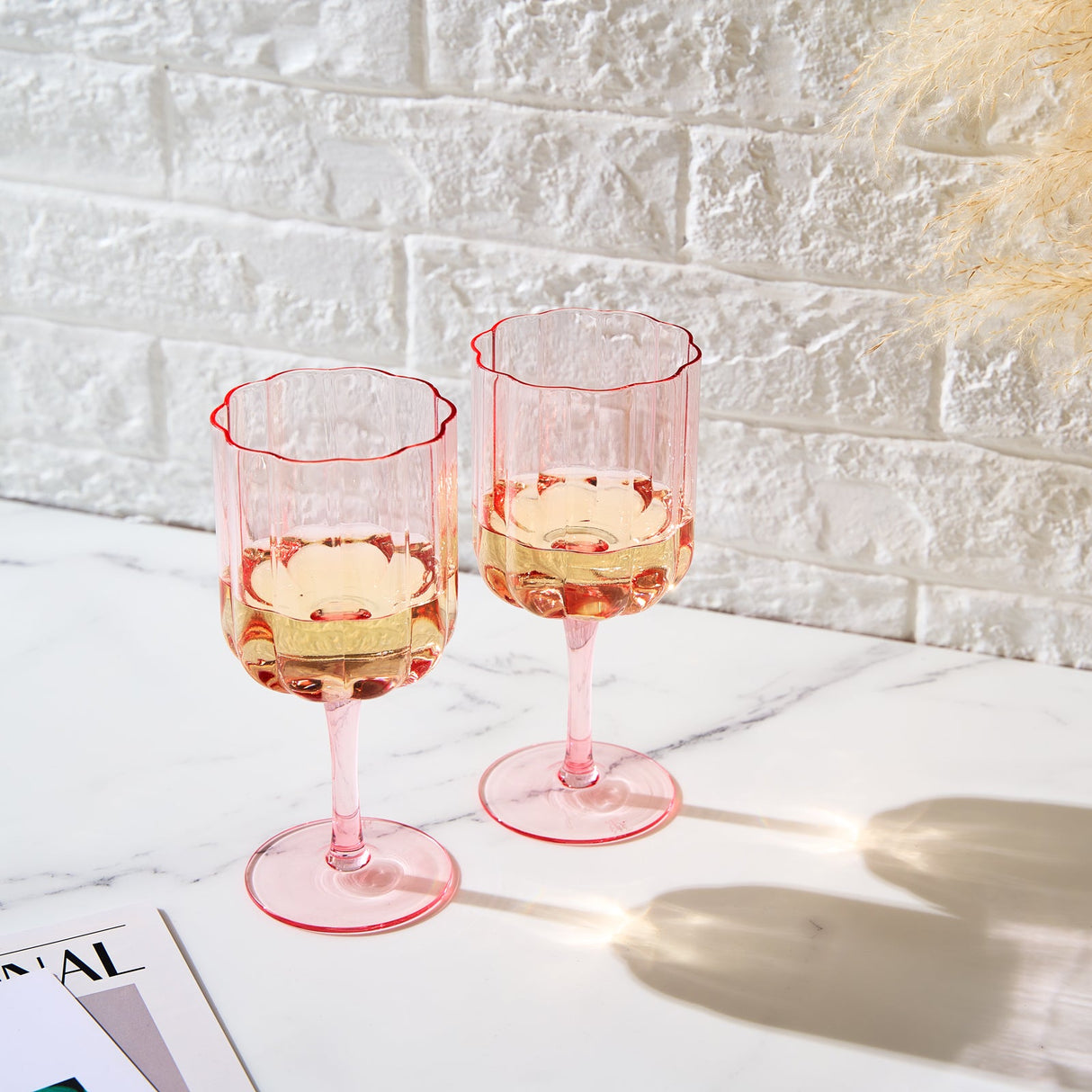 Flower Stemmed Wine Glassware, Pink, Set of 2