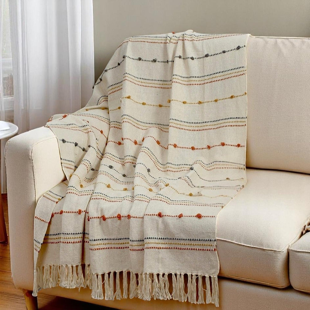 Hand Woven Cream Throw Blanket Striped with Tufts and Tassels
