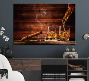 Whiskey and Cigar Canvas Wall Art | 3 Panel Bar Room Decor