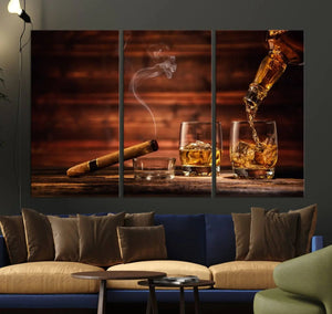 Whiskey and Cigar Canvas Wall Art | 3 Panel Bar Room Decor