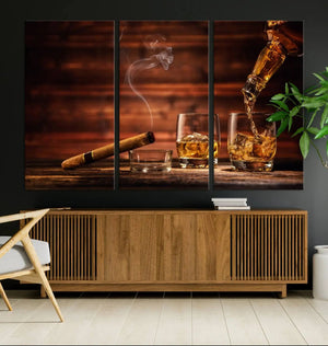 Whiskey and Cigar Canvas Wall Art | 3 Panel Bar Room Decor