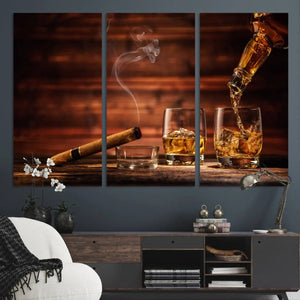 Whiskey and Cigar Canvas Wall Art | 3 Panel Bar Room Decor