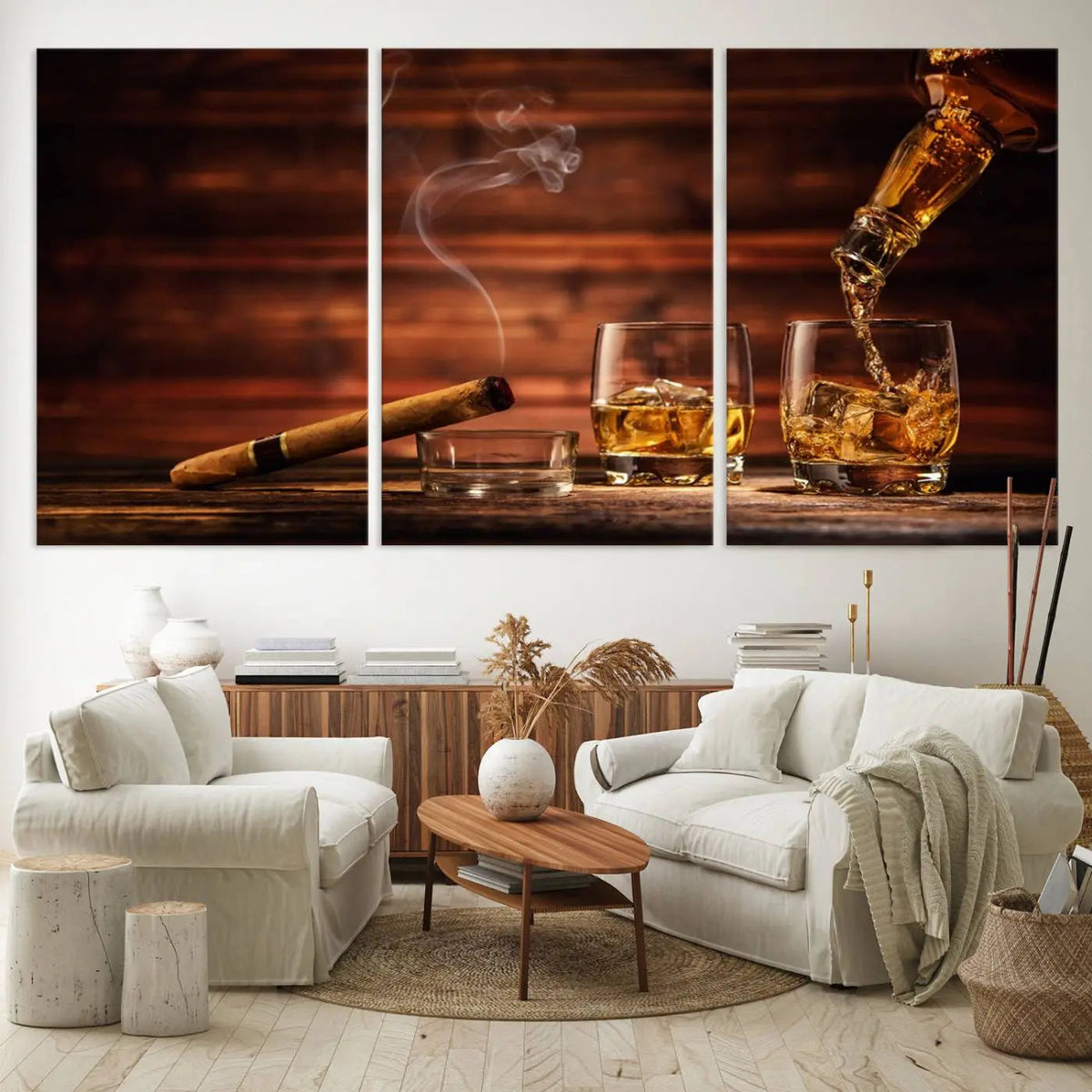 Whiskey and Cigar Canvas Wall Art | 3 Panel Bar Room Decor