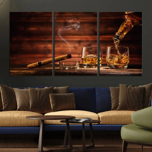 Whiskey and Cigar Canvas Wall Art | 3 Panel Bar Room Decor