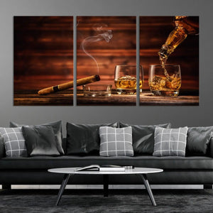 Whiskey and Cigar Canvas Wall Art | 3 Panel Bar Room Decor