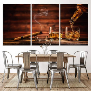 Whiskey and Cigar Canvas Wall Art | 3 Panel Bar Room Decor