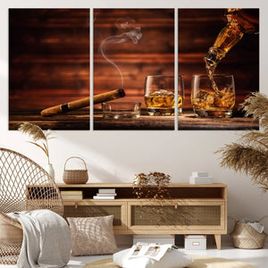 Whiskey and Cigar Canvas Wall Art | 3 Panel Bar Room Decor