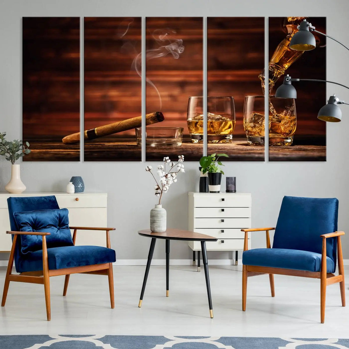 Whiskey and Cigar Canvas Wall Art | 3 Panel Bar Room Decor