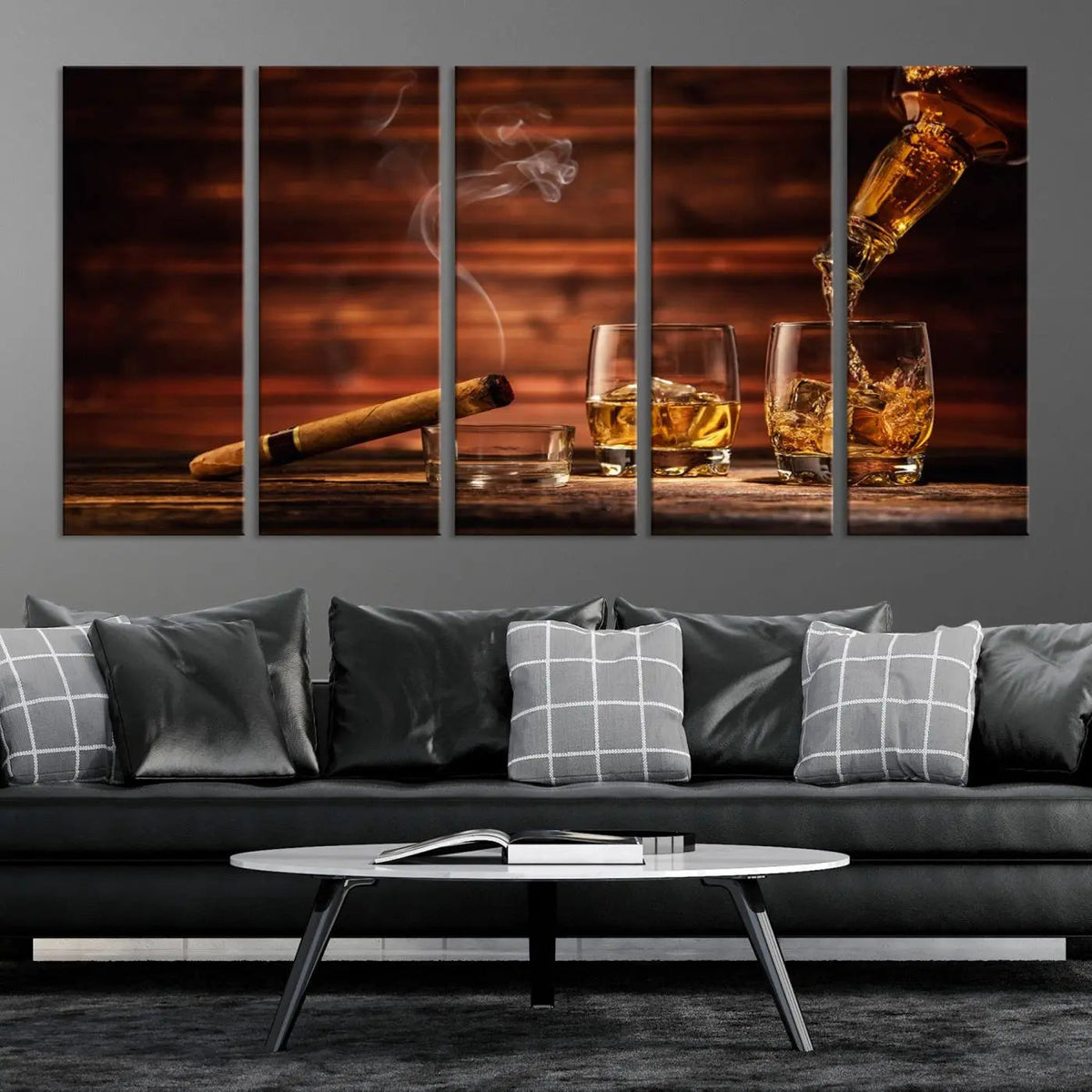 Whiskey and Cigar Canvas Wall Art | 3 Panel Bar Room Decor