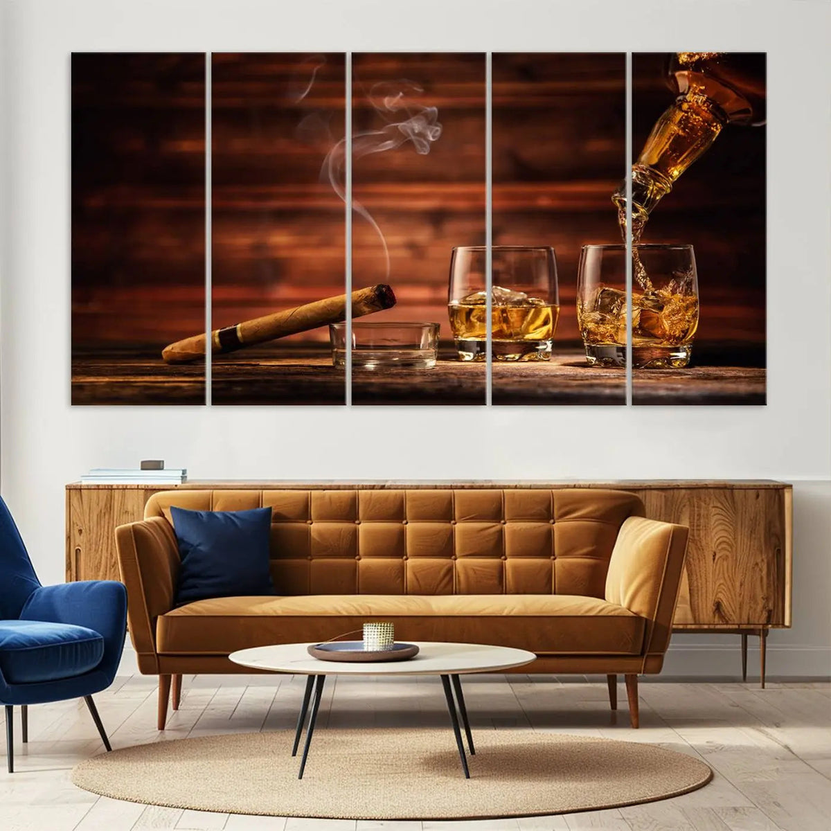Whiskey and Cigar Canvas Wall Art | 3 Panel Bar Room Decor