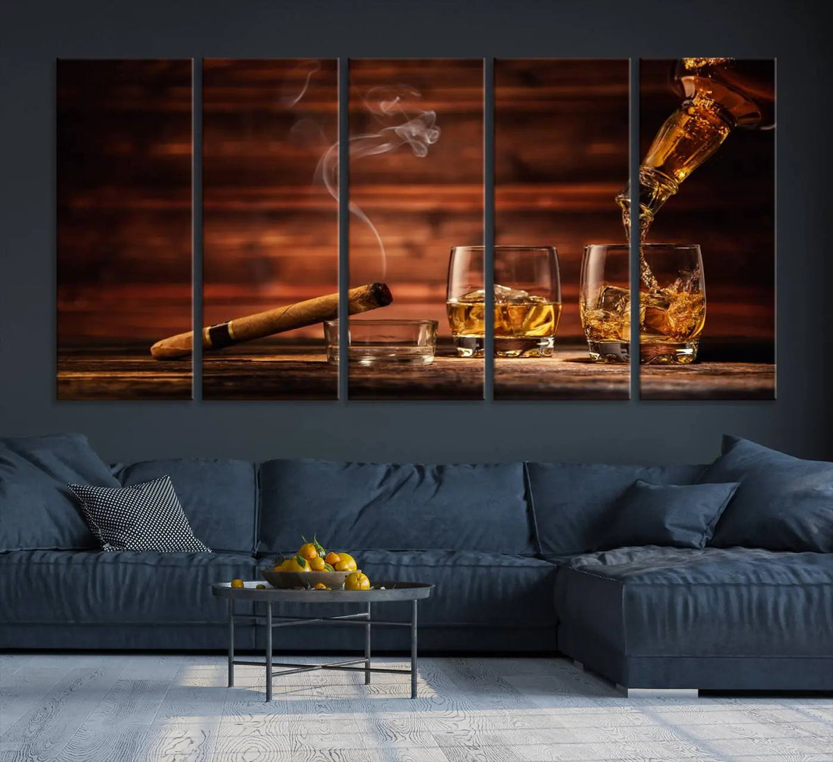 Whiskey and Cigar Canvas Wall Art | 3 Panel Bar Room Decor