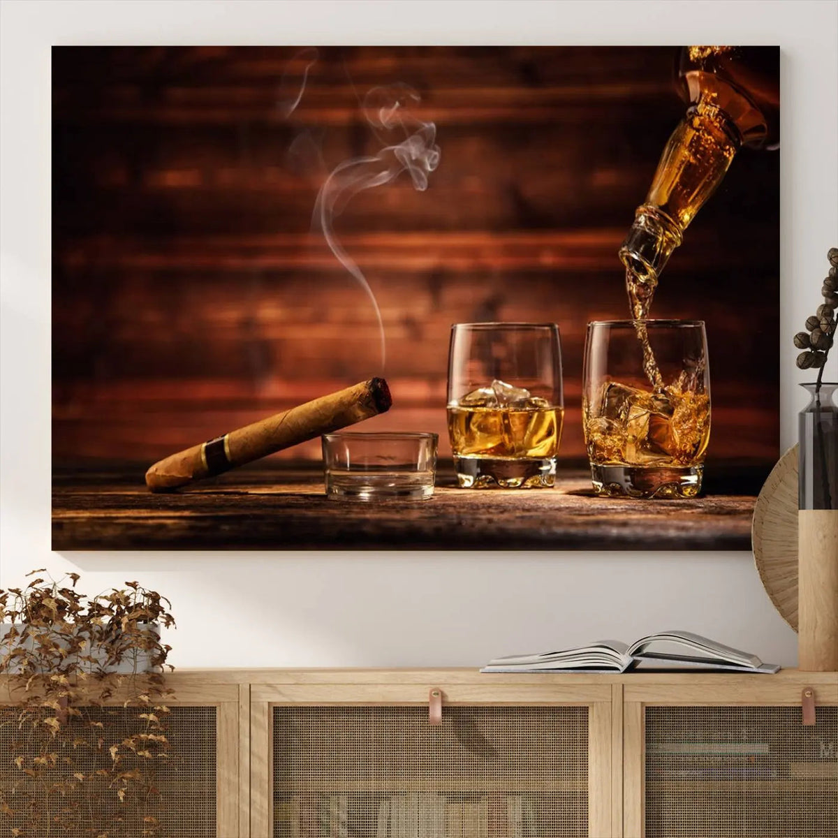 Whiskey and Cigar Canvas Wall Art | 3 Panel Bar Room Decor