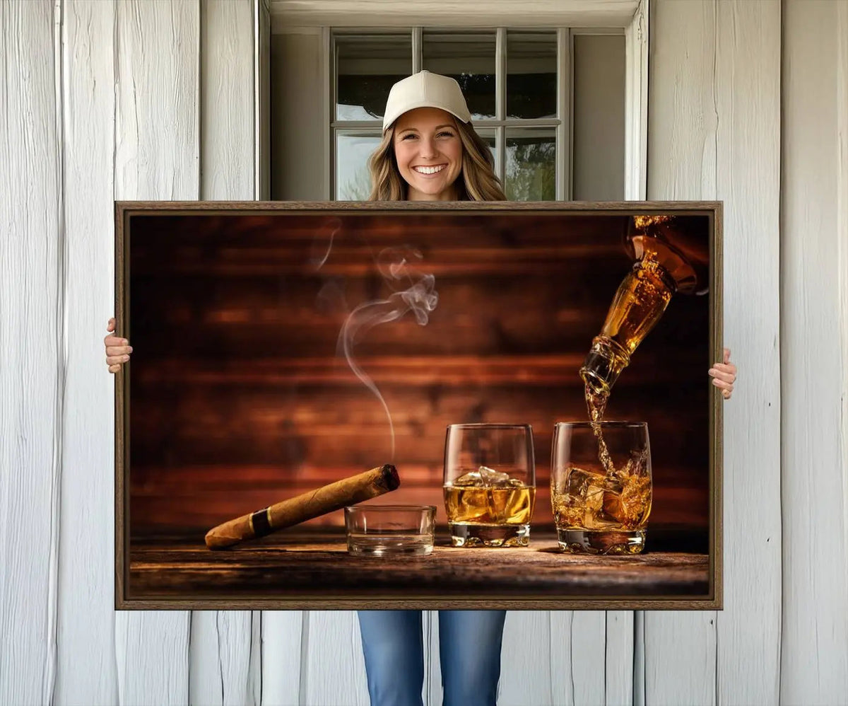 Whiskey and Cigar Canvas Wall Art | 3 Panel Bar Room Decor