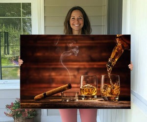 Whiskey and Cigar Canvas Wall Art | 3 Panel Bar Room Decor