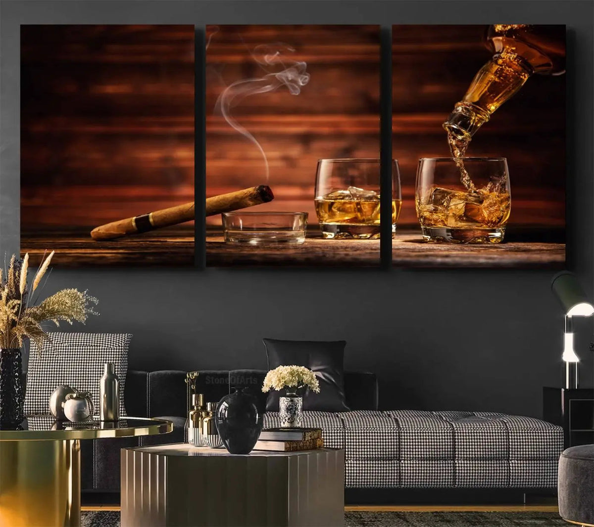 Whiskey and Cigar Canvas Wall Art | 3 Panel Bar Room Decor