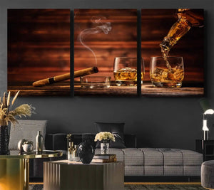 Whiskey and Cigar Canvas Wall Art | 3 Panel Bar Room Decor