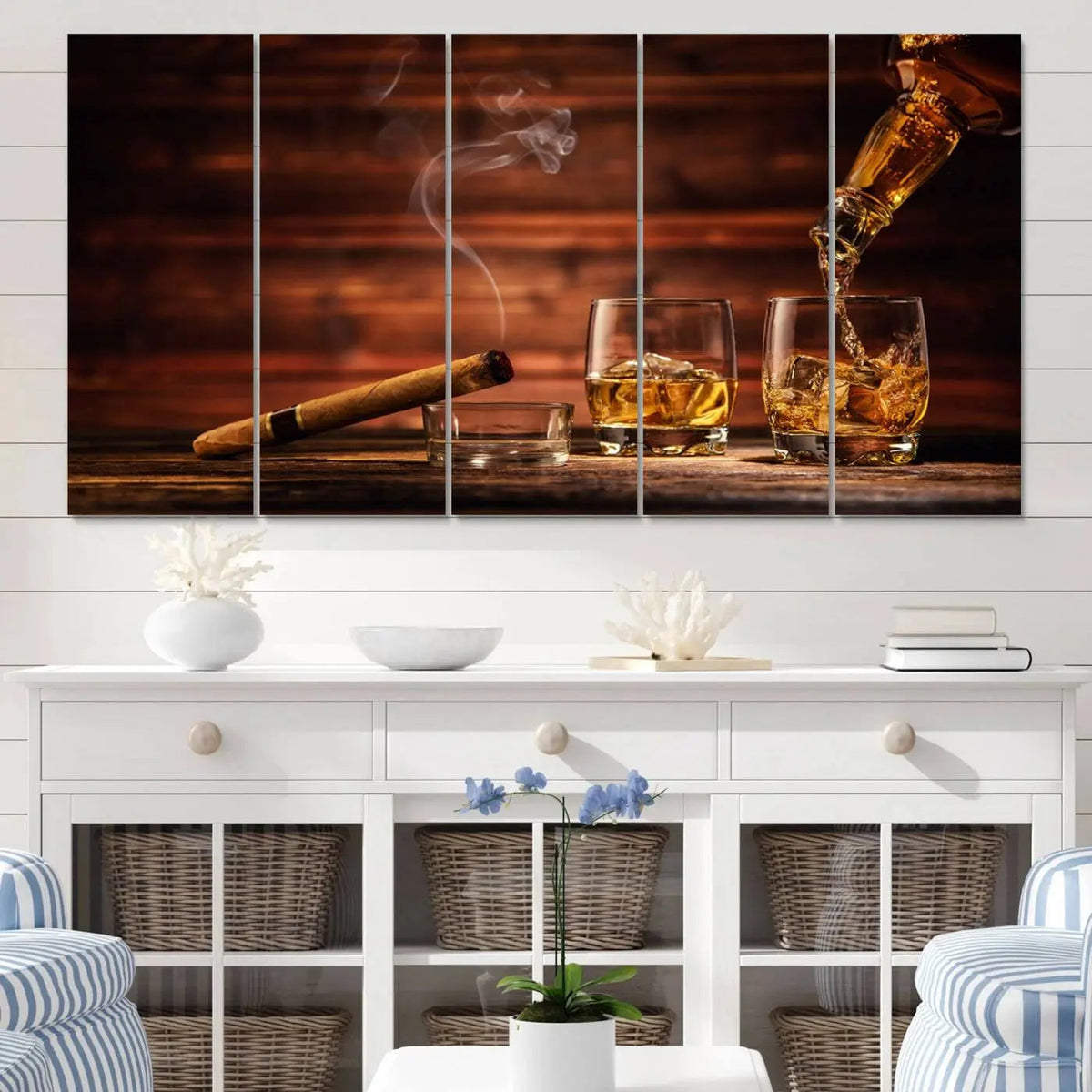Whiskey and Cigar Canvas Wall Art | 3 Panel Bar Room Decor