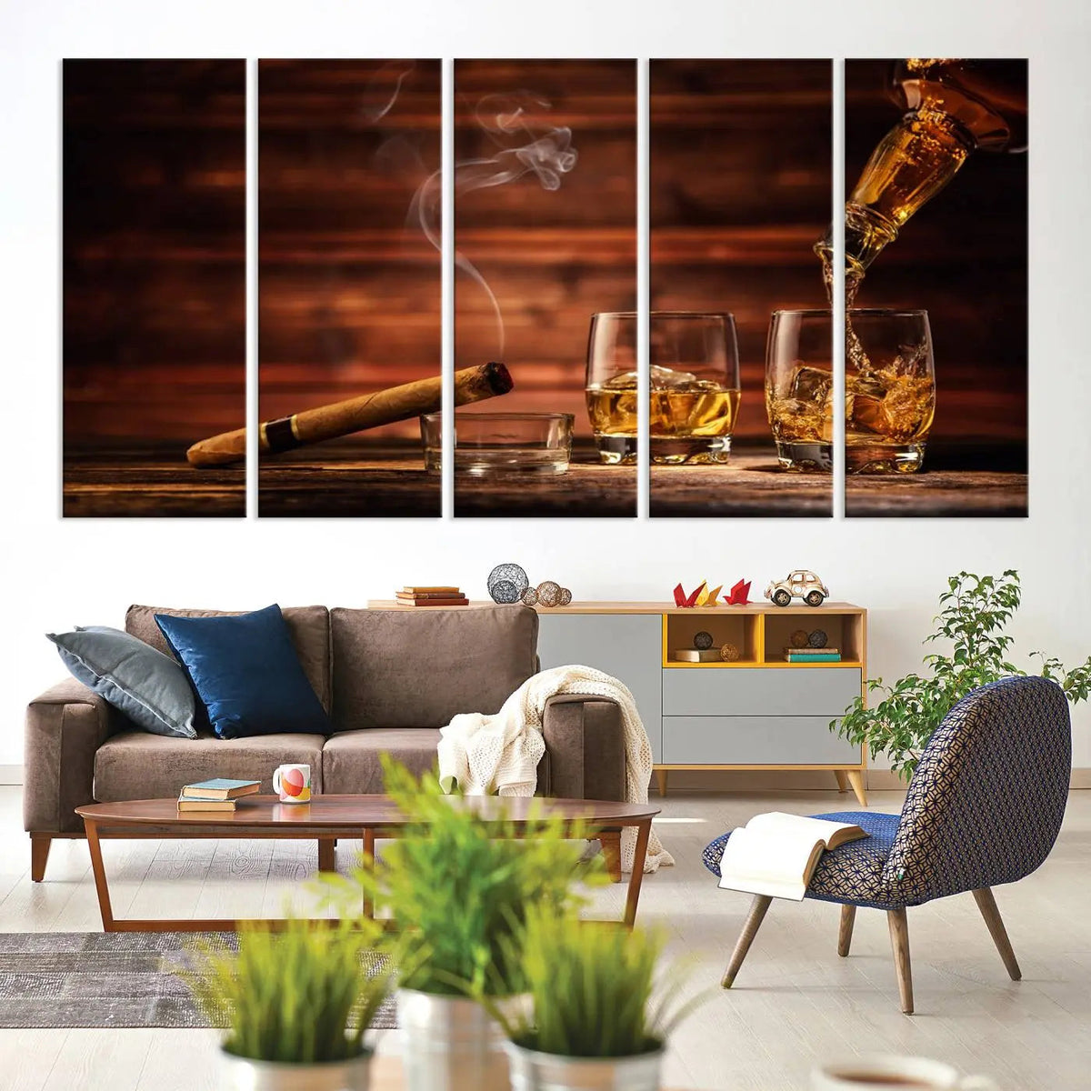 Whiskey and Cigar Canvas Wall Art | 3 Panel Bar Room Decor
