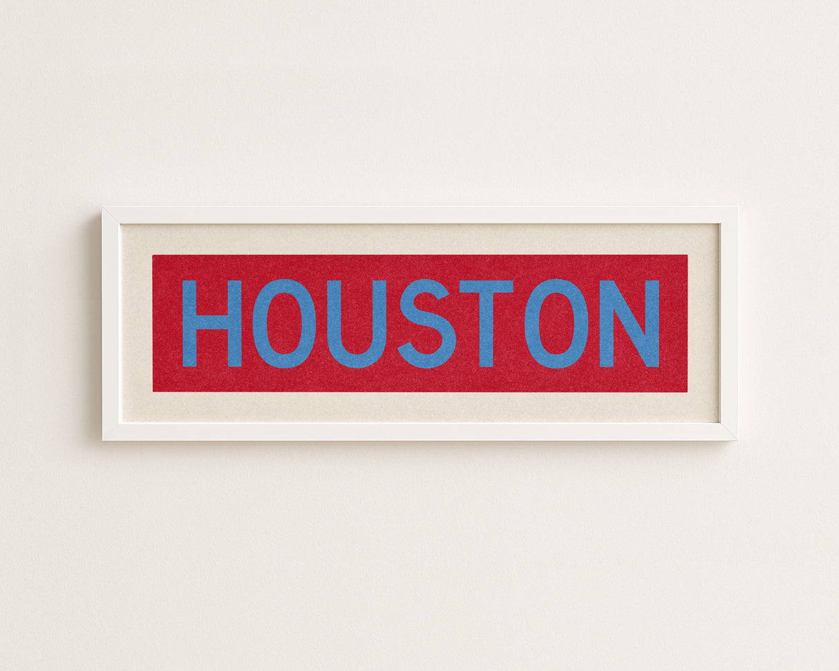 Framed Houston Baby Blue Bus Scroll