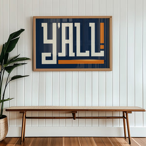 Y'all Typography Navy and Orange Wall Art Print Poster Decor
