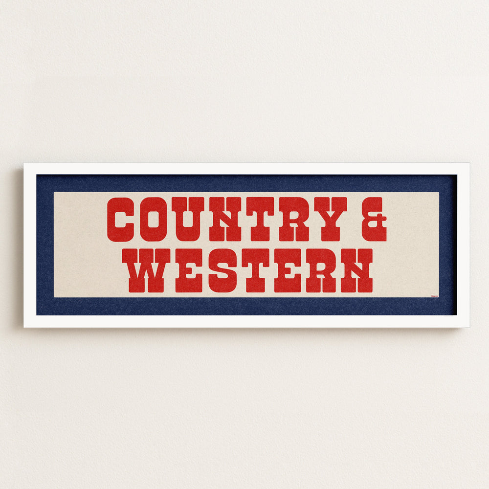 Framed COUNTRY & WESTERN Sign White & Red / Blue Art Print
