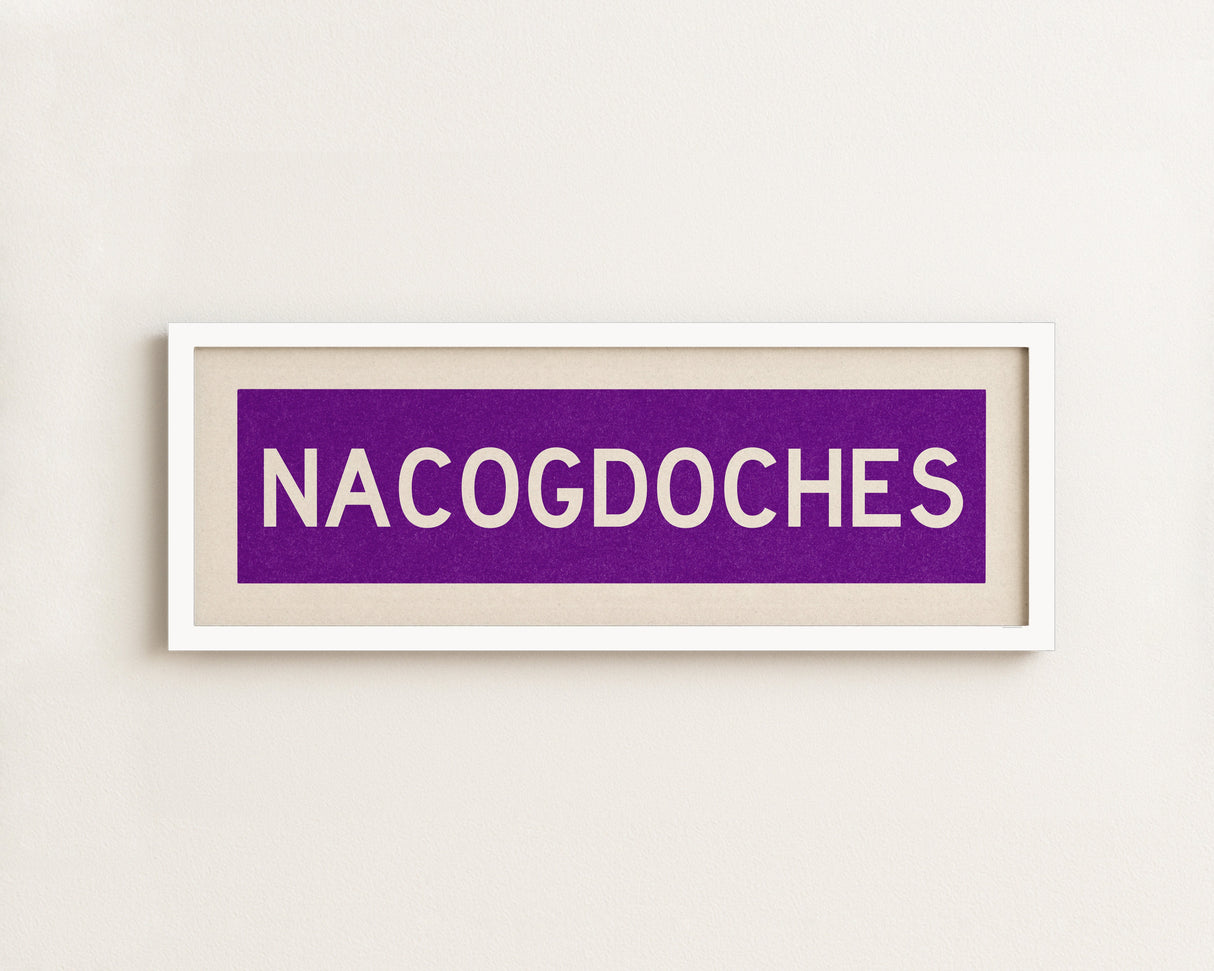Framed Nacogdoches Purple and White Bus Scroll
