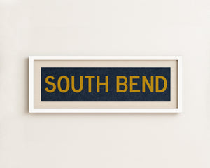Framed South Bend Navy and Gold Bus Scroll
