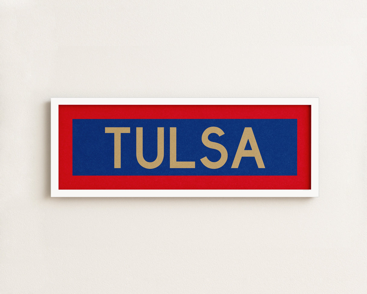 Framed Tulsa Red Blue and Gold Bus Scroll