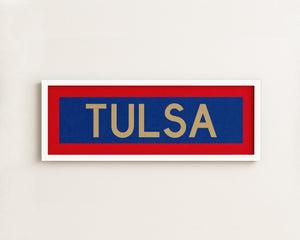 Framed Tulsa Red Blue and Gold Bus Scroll
