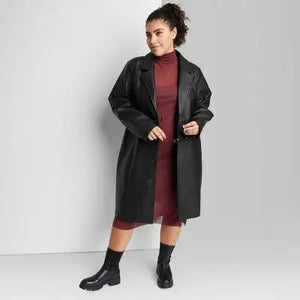 Wild Fable Women's Button Up Winter Faux Leather Trench Coat Jacket