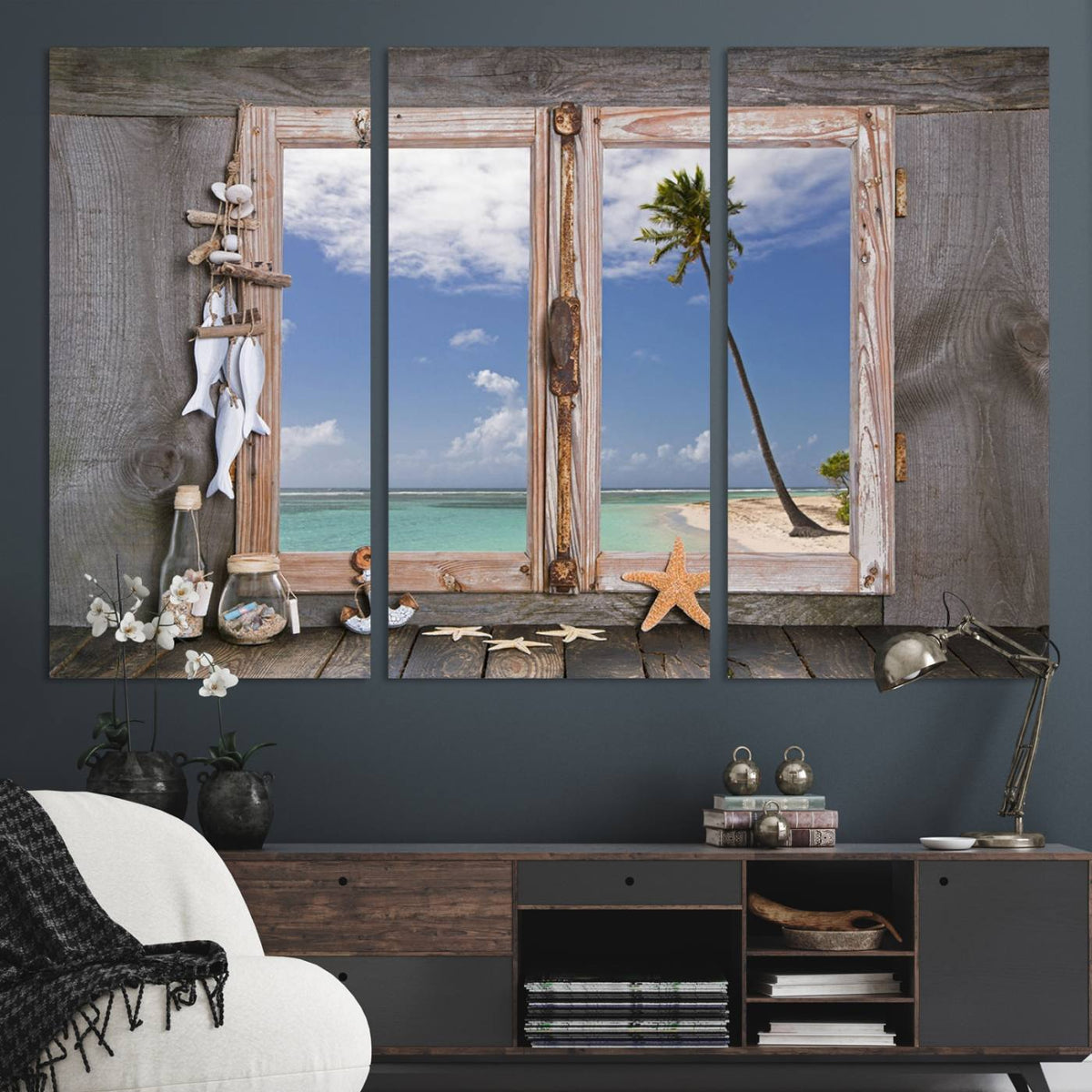 Window Wall Art Relaxing Beach Starfish Seashells Nautical