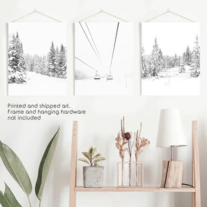 Winter Skiing Black White Wall Art. Ski Lift, Snowy Forest