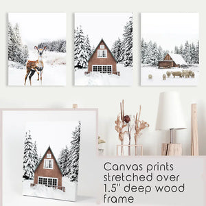 Rustic Winter Set of 3 Wall Art Prints. Animals, Log Cabin