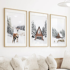 Rustic Winter Set of 3 Wall Art Prints. Animals, Log Cabin