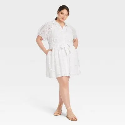 Women's Eyelet Balloon Elbow Sleeve Mini Shirtdress - A New Day White XXL