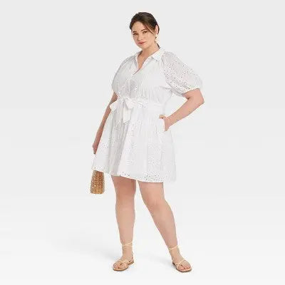 Women's Eyelet Balloon Elbow Sleeve Mini Shirtdress - A New Day White XXL