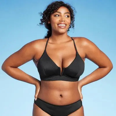 Shade & Shore Women's Longline V-Cut Bikini Top Swimsuit Back Tie Swimwear Black